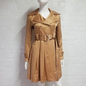 BEBE Tan Satin Trench Coat Pleated Beige Jacket XS